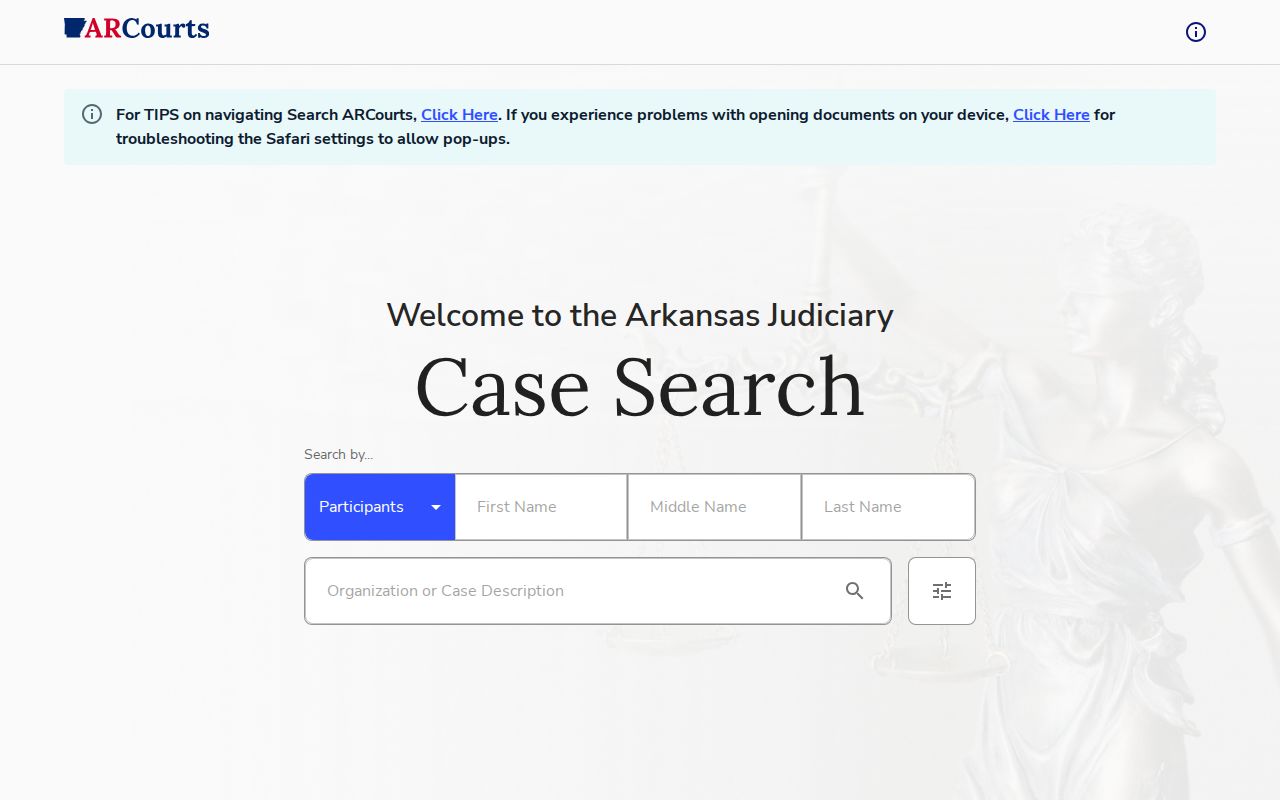 Official Arkansas CourtConnect statewide case search used for Sevier County docket research
