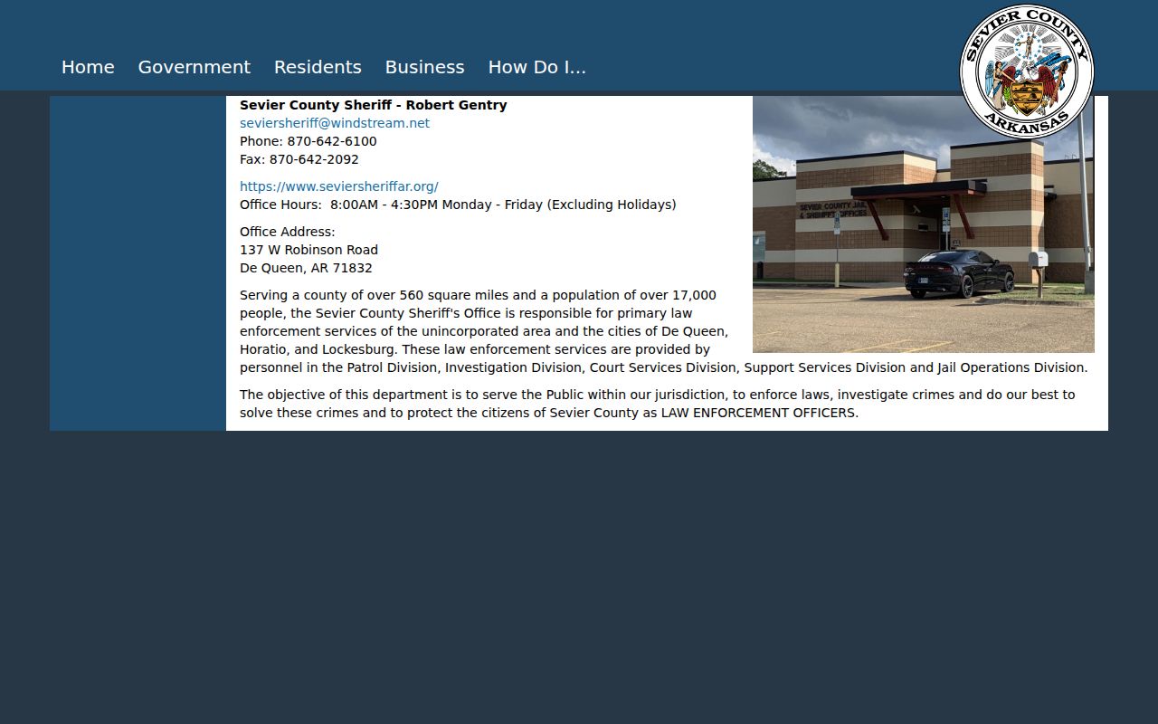 Official Sevier County Sheriff address hours and division information